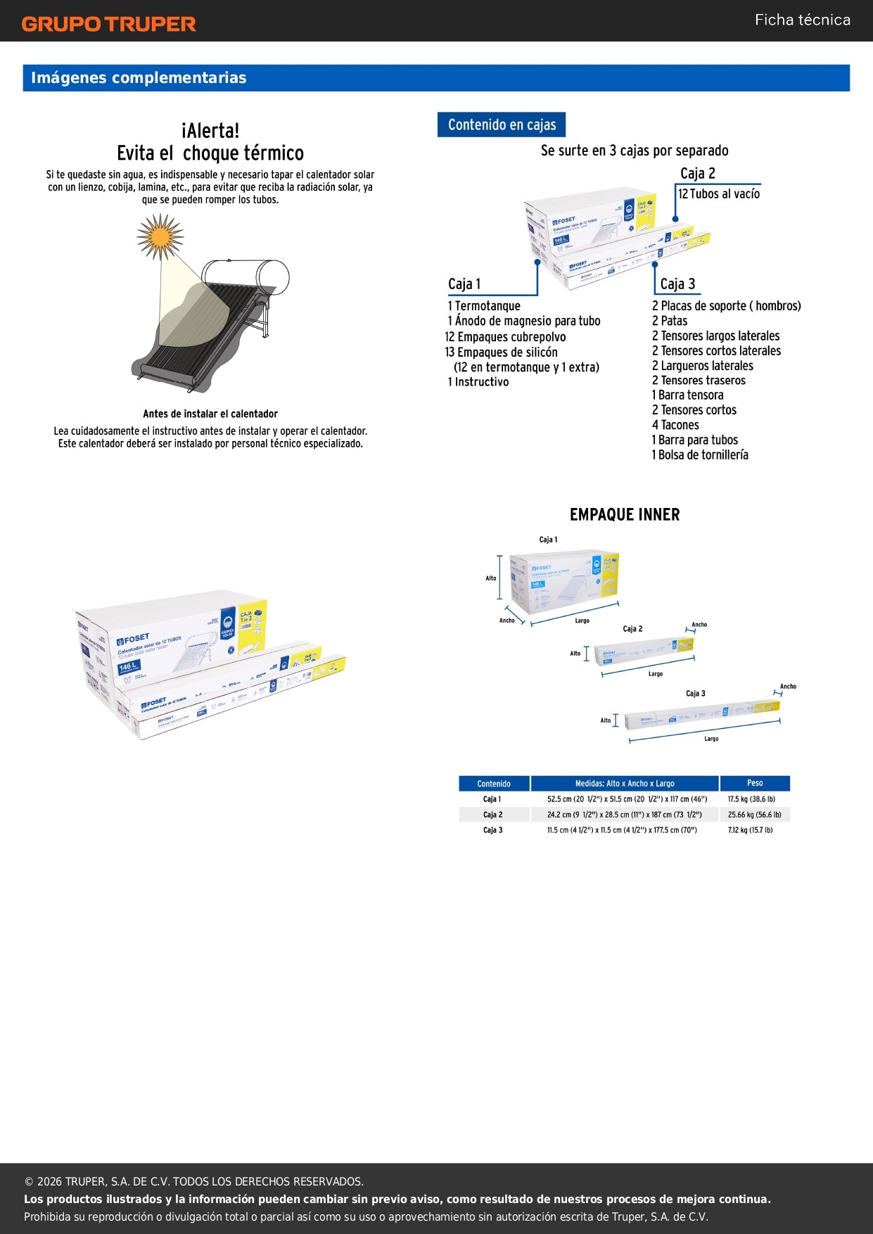 Calentador solar de agua, 12 tubos, 150L, 4 personas, FOSET