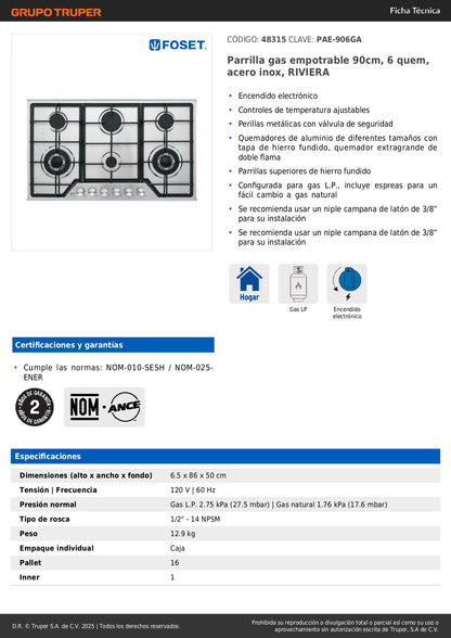 Parrilla Gas Empotrable 90cm 6 Quemadores Acero Inoxidable RIVIERA PAE-906GA - Encendido Electrónico