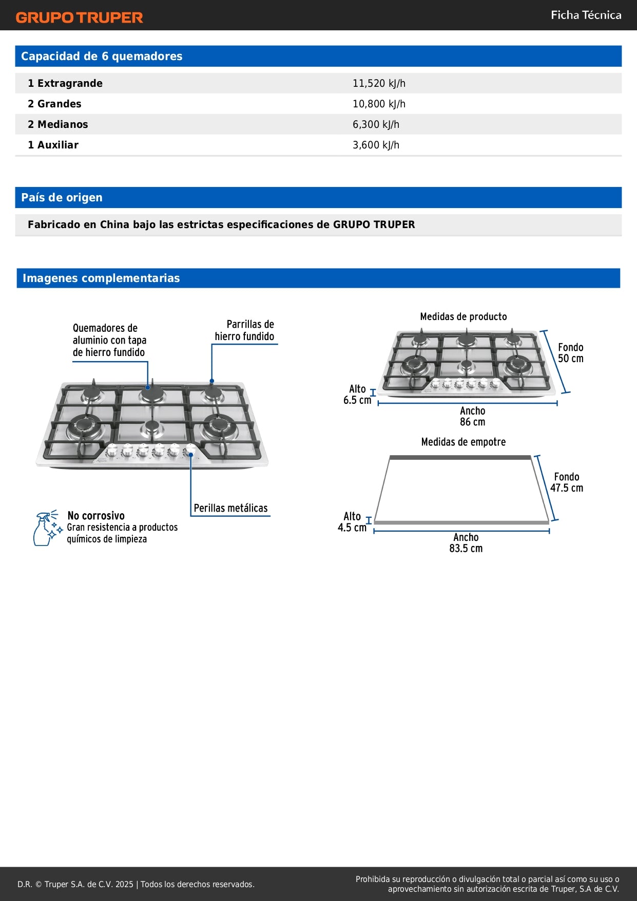 Parrilla Gas Empotrable 90cm 6 Quemadores Acero Inoxidable RIVIERA PAE-906GA - Encendido Electrónico