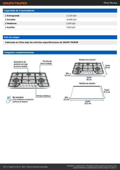 Parrilla Gas Empotrable 90cm 6 Quemadores Acero Inoxidable RIVIERA PAE-906GA - Encendido Electrónico
