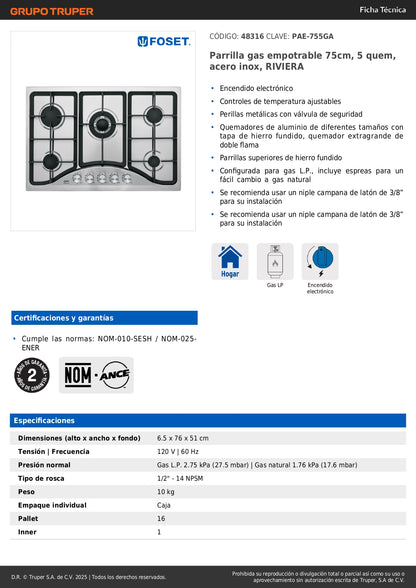 Parrilla de Gas Empotrable RIVIERA 75cm 5 Quemadores Acero Inoxidable - Encendido Electrónico PAE-755GA
