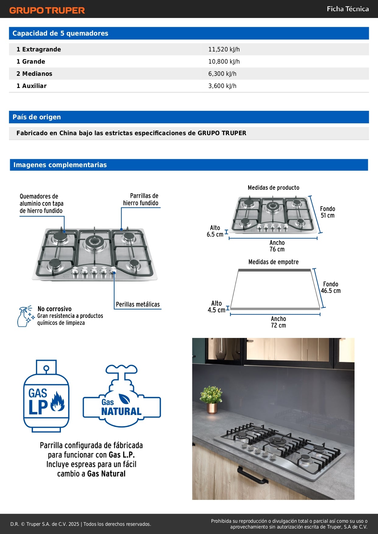 Parrilla de Gas Empotrable RIVIERA 75cm 5 Quemadores Acero Inoxidable - Encendido Electrónico PAE-755GA