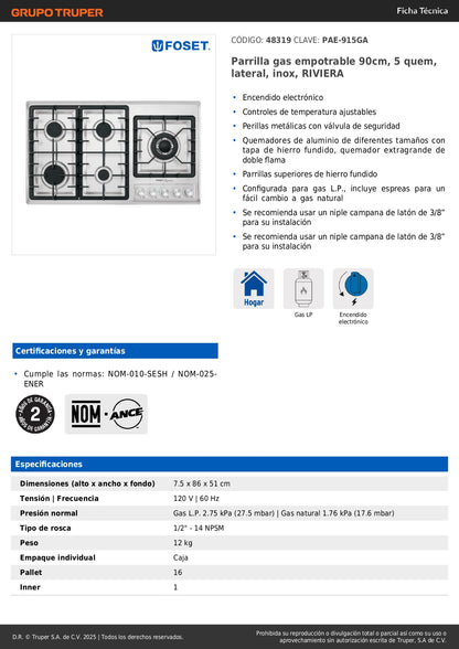 Parrilla Gas Empotrable 90cm RIVIERA 5 Quemadores Acero Inoxidable - Encendido Electrónico PAE-915GA