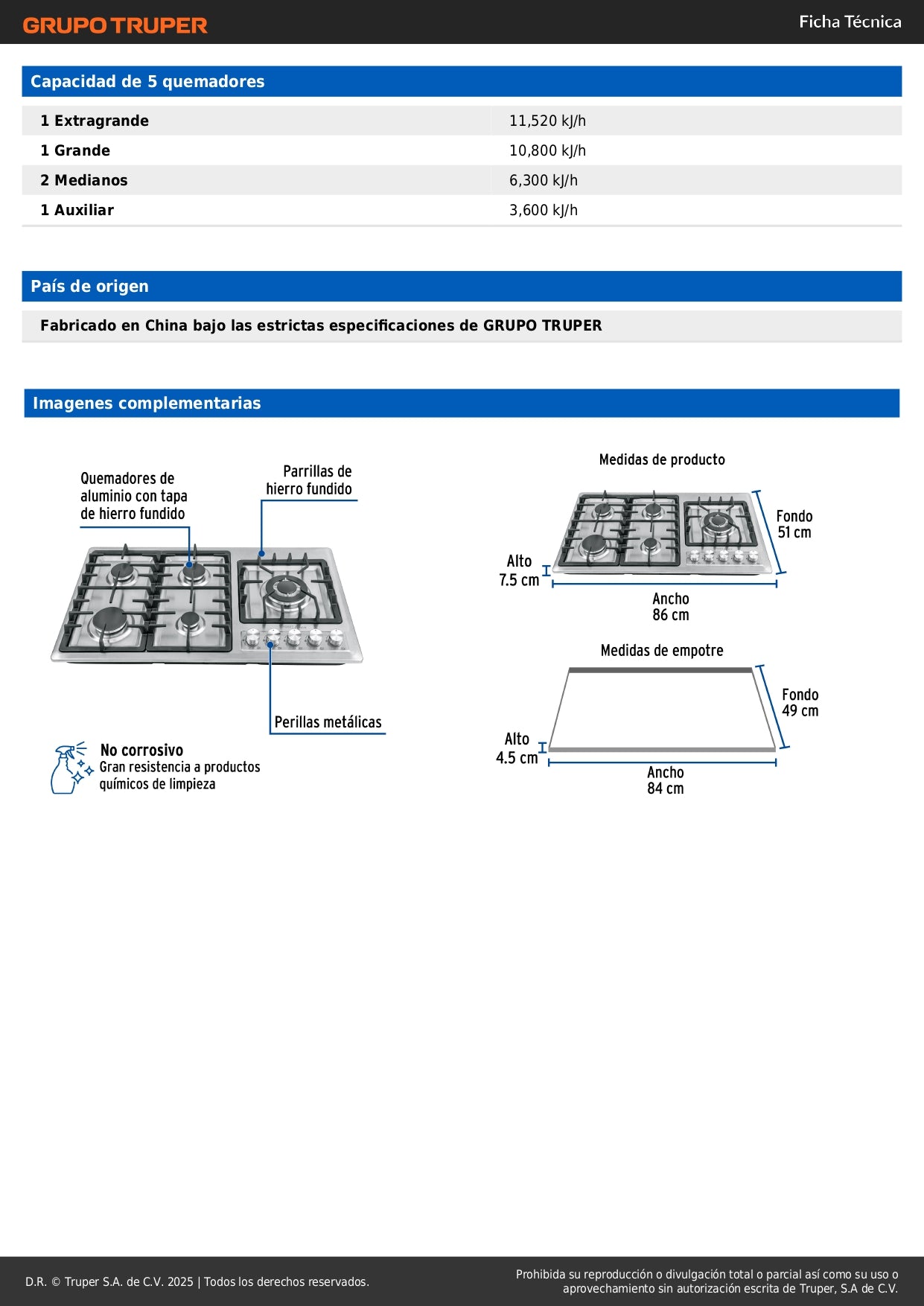 Parrilla Gas Empotrable 90cm RIVIERA 5 Quemadores Acero Inoxidable - Encendido Electrónico PAE-915GA
