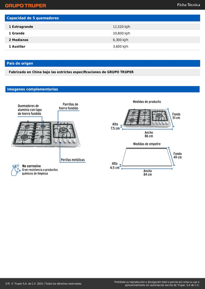 Parrilla Gas Empotrable 90cm RIVIERA 5 Quemadores Acero Inoxidable - Encendido Electrónico PAE-915GA