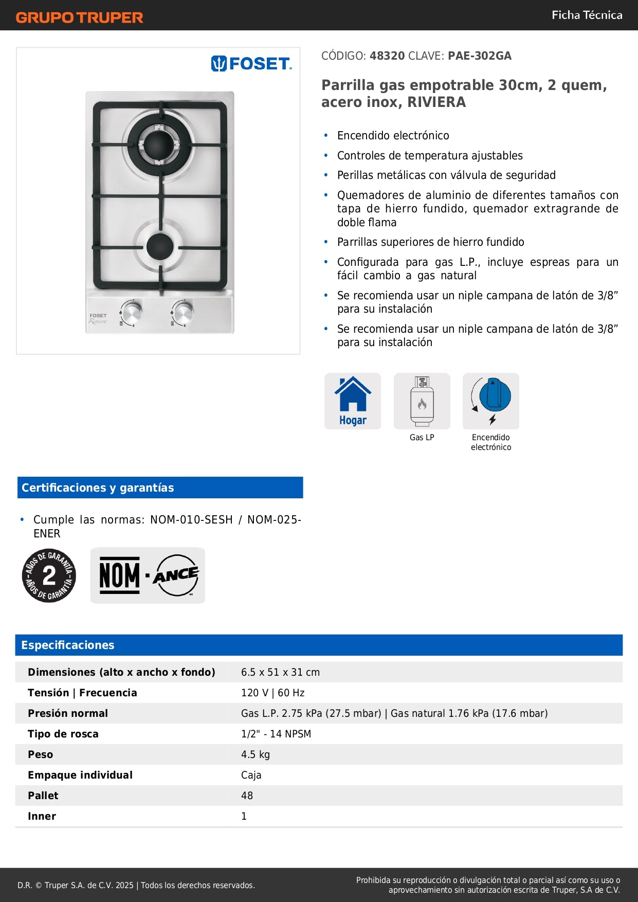 Parrilla de Gas Empotrable RIVIERA 30cm - 2 Quemadores Acero Inoxidable con Encendido Electrónico PAE-302GA