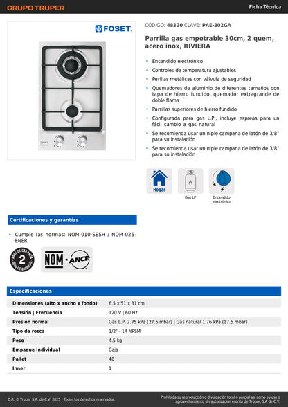 Parrilla de Gas Empotrable RIVIERA 30cm - 2 Quemadores Acero Inoxidable con Encendido Electrónico PAE-302GA