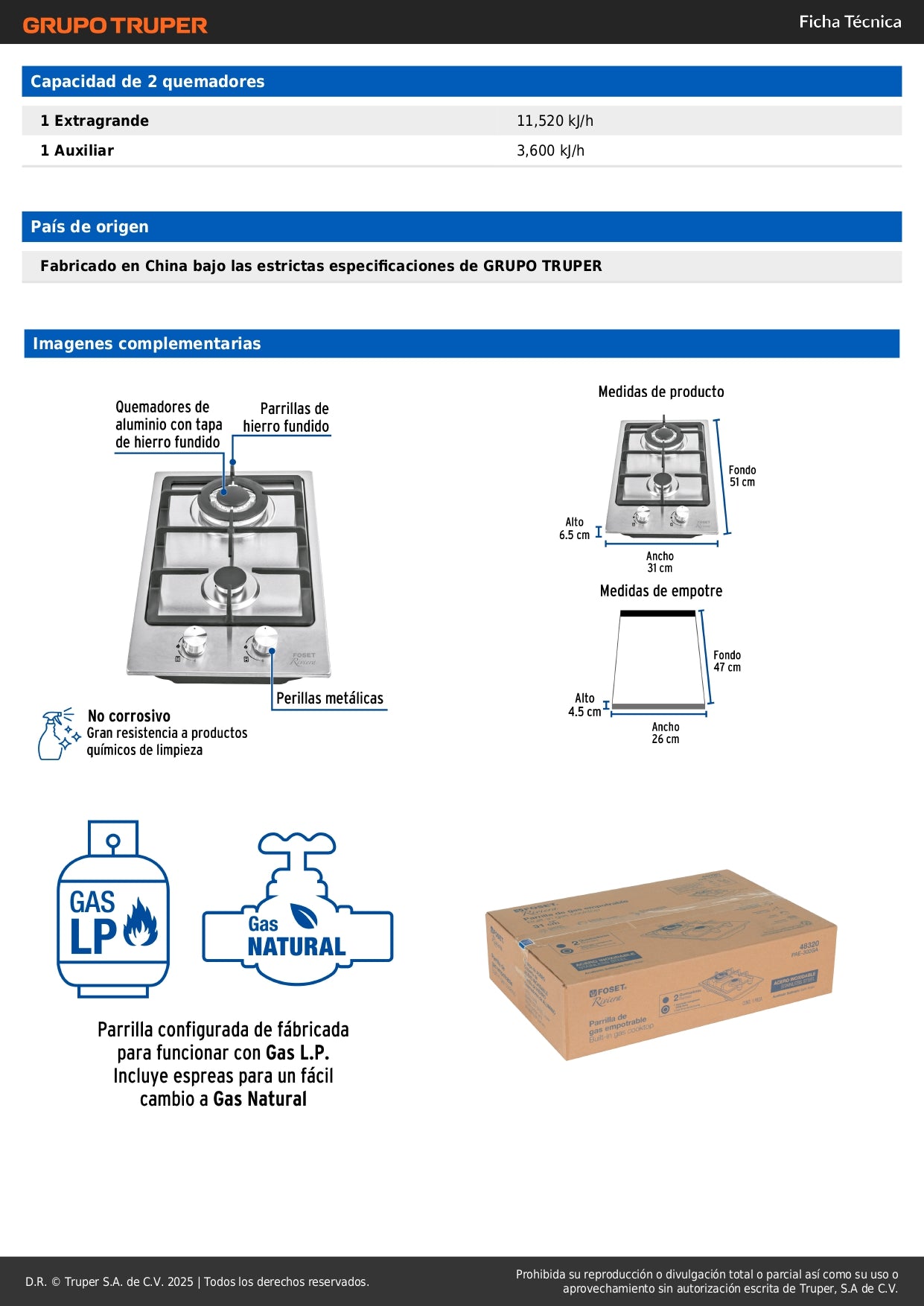 Parrilla de Gas Empotrable RIVIERA 30cm - 2 Quemadores Acero Inoxidable con Encendido Electrónico PAE-302GA