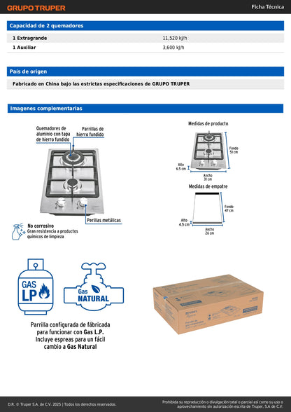 Parrilla de Gas Empotrable RIVIERA 30cm - 2 Quemadores Acero Inoxidable con Encendido Electrónico PAE-302GA