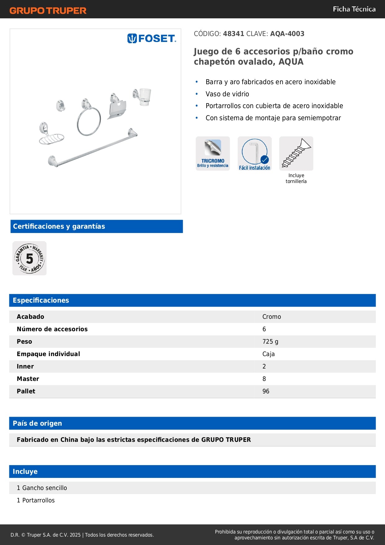 Juego Completo 6 Accesorios Baño Cromo Inoxidable AQUA AQA-4003 - Organización Total Baño Moderno