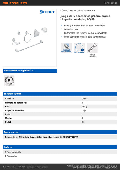 Juego Completo 6 Accesorios Baño Cromo Inoxidable AQUA AQA-4003 - Organización Total Baño Moderno