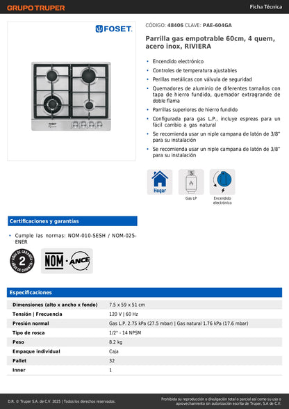 Parrilla Gas Empotrable 60cm RIVIERA 4 Quemadores Acero Inoxidable - Encendido Electrónico