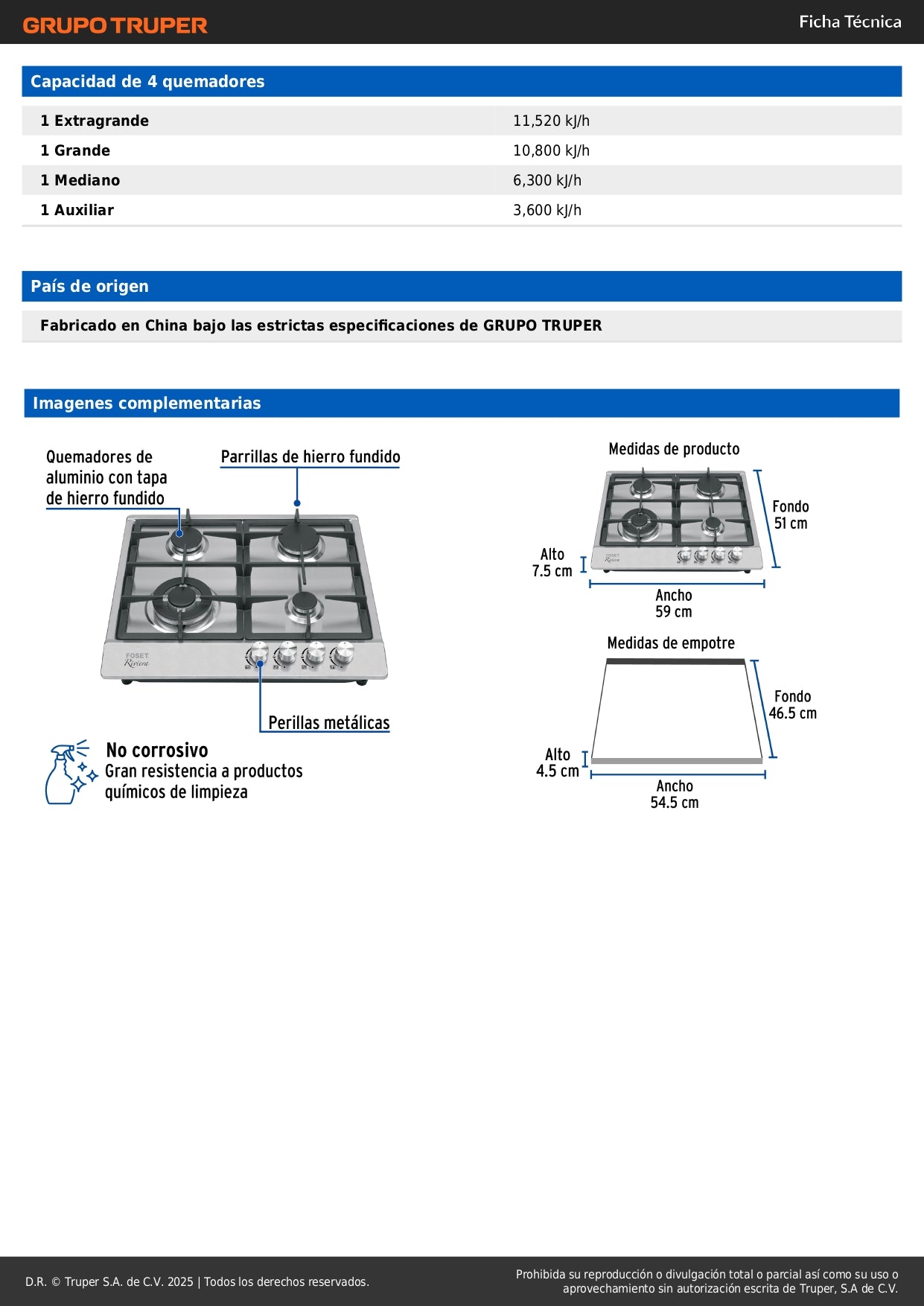 Parrilla Gas Empotrable 60cm RIVIERA 4 Quemadores Acero Inoxidable - Encendido Electrónico