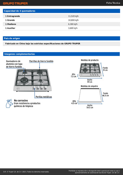 Parrilla Gas Empotrable 60cm RIVIERA 4 Quemadores Acero Inoxidable - Encendido Electrónico