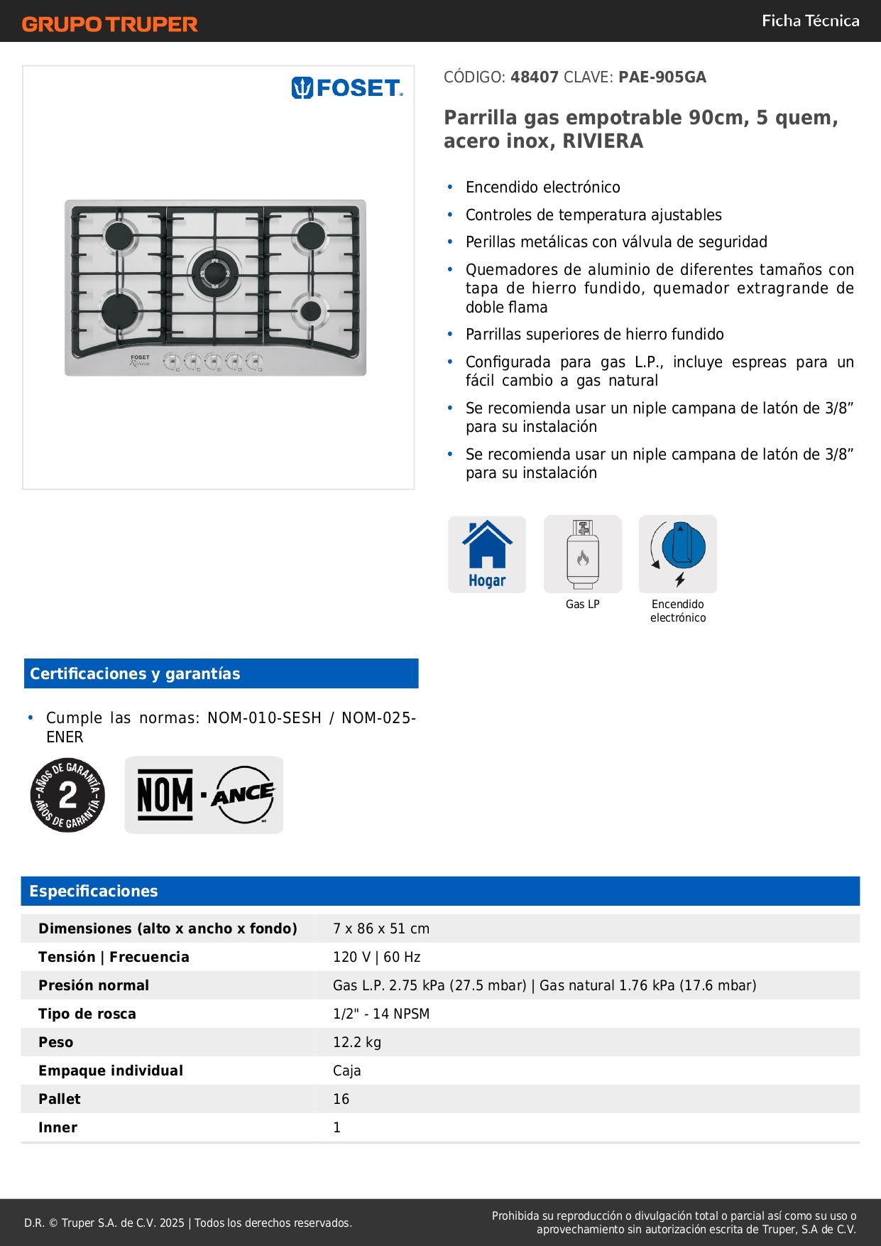 Parrilla Gas Empotrable 90cm 5 Quemadores Acero Inoxidable RIVIERA PAE-905GA - Encendido Electrónico