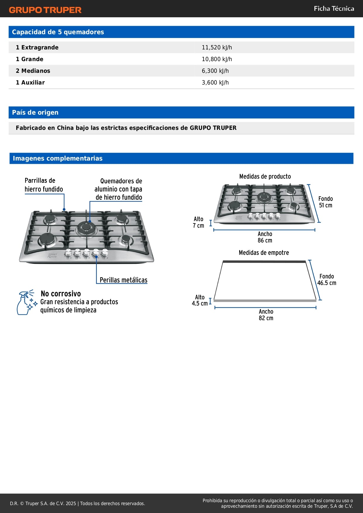 Parrilla Gas Empotrable 90cm 5 Quemadores Acero Inoxidable RIVIERA PAE-905GA - Encendido Electrónico