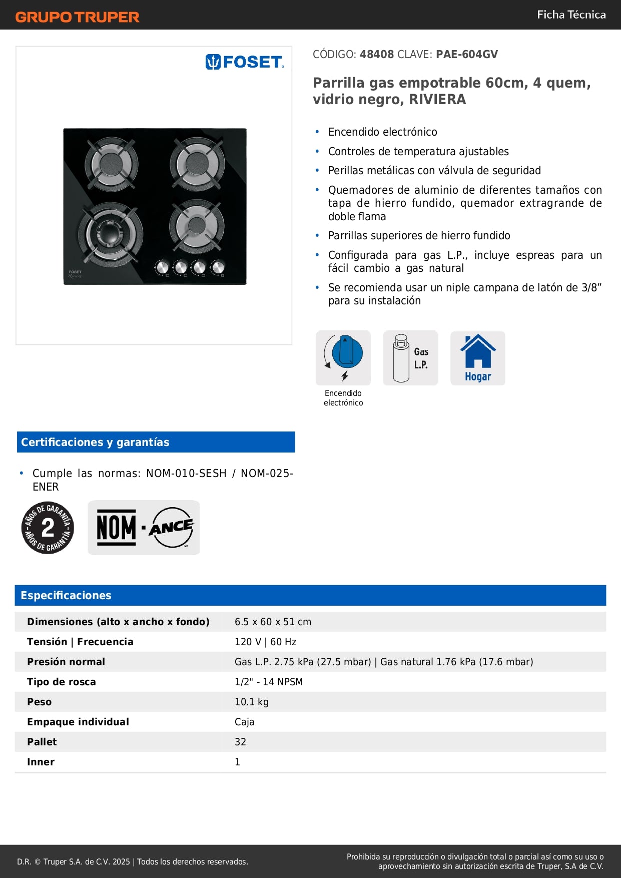 Parrilla Gas Empotrable 60cm RIVIERA PAE-604GV - 4 Quemadores Vidrio Negro con Encendido Electrónico