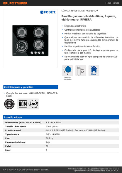 Parrilla Gas Empotrable 60cm RIVIERA PAE-604GV - 4 Quemadores Vidrio Negro con Encendido Electrónico