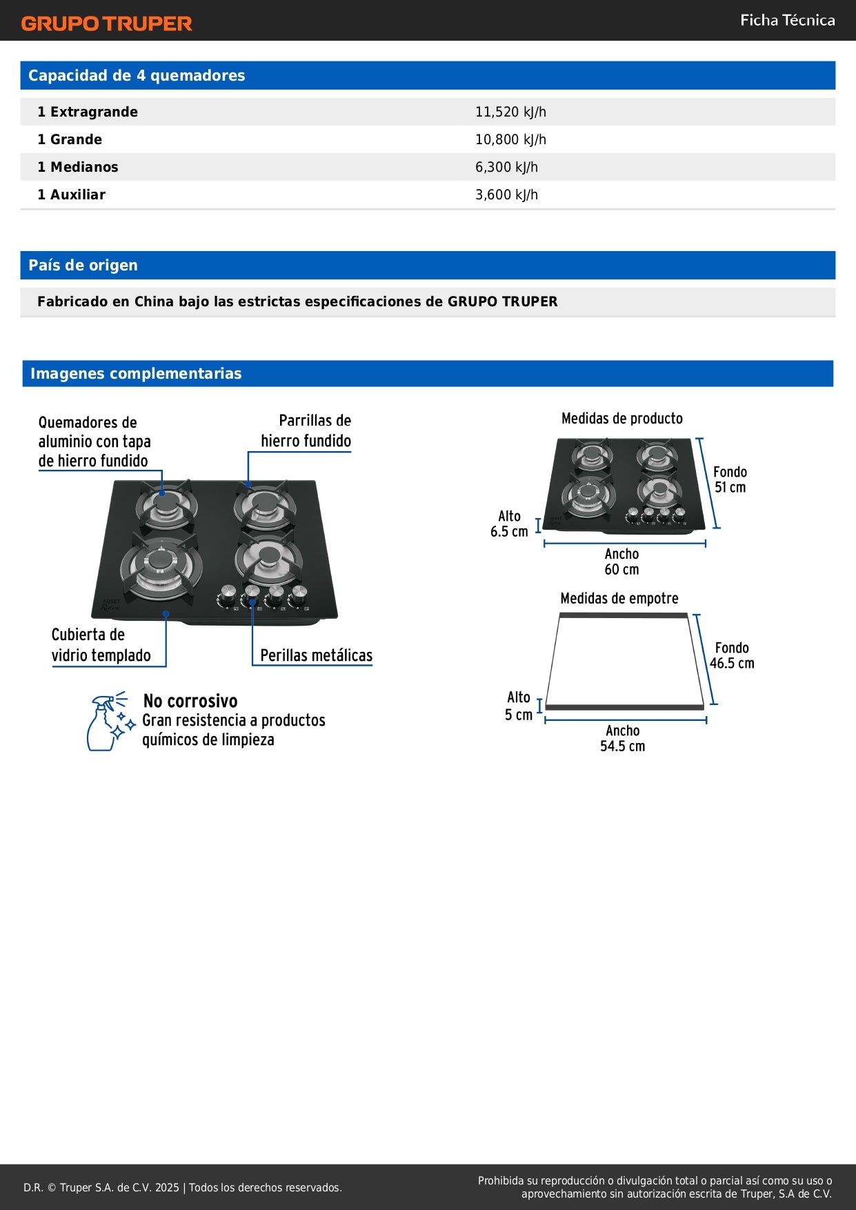 Parrilla Gas Empotrable 60cm RIVIERA PAE-604GV - 4 Quemadores Vidrio Negro con Encendido Electrónico