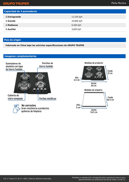 Parrilla Gas Empotrable 60cm RIVIERA PAE-604GV - 4 Quemadores Vidrio Negro con Encendido Electrónico