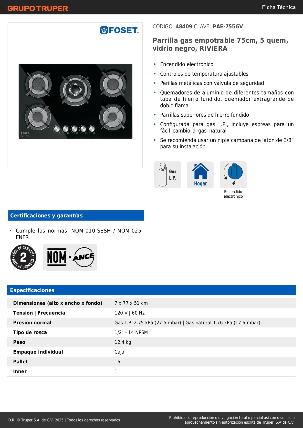 Parrilla Gas Empotrable 75cm RIVIERA - 5 Quemadores Vidrio Negro con Encendido Electrónico y Doble Flama Premium