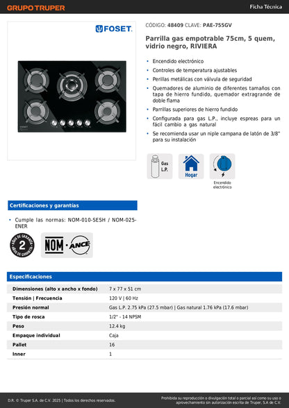 Parrilla Gas Empotrable 75cm RIVIERA - 5 Quemadores Vidrio Negro con Encendido Electrónico y Doble Flama Premium