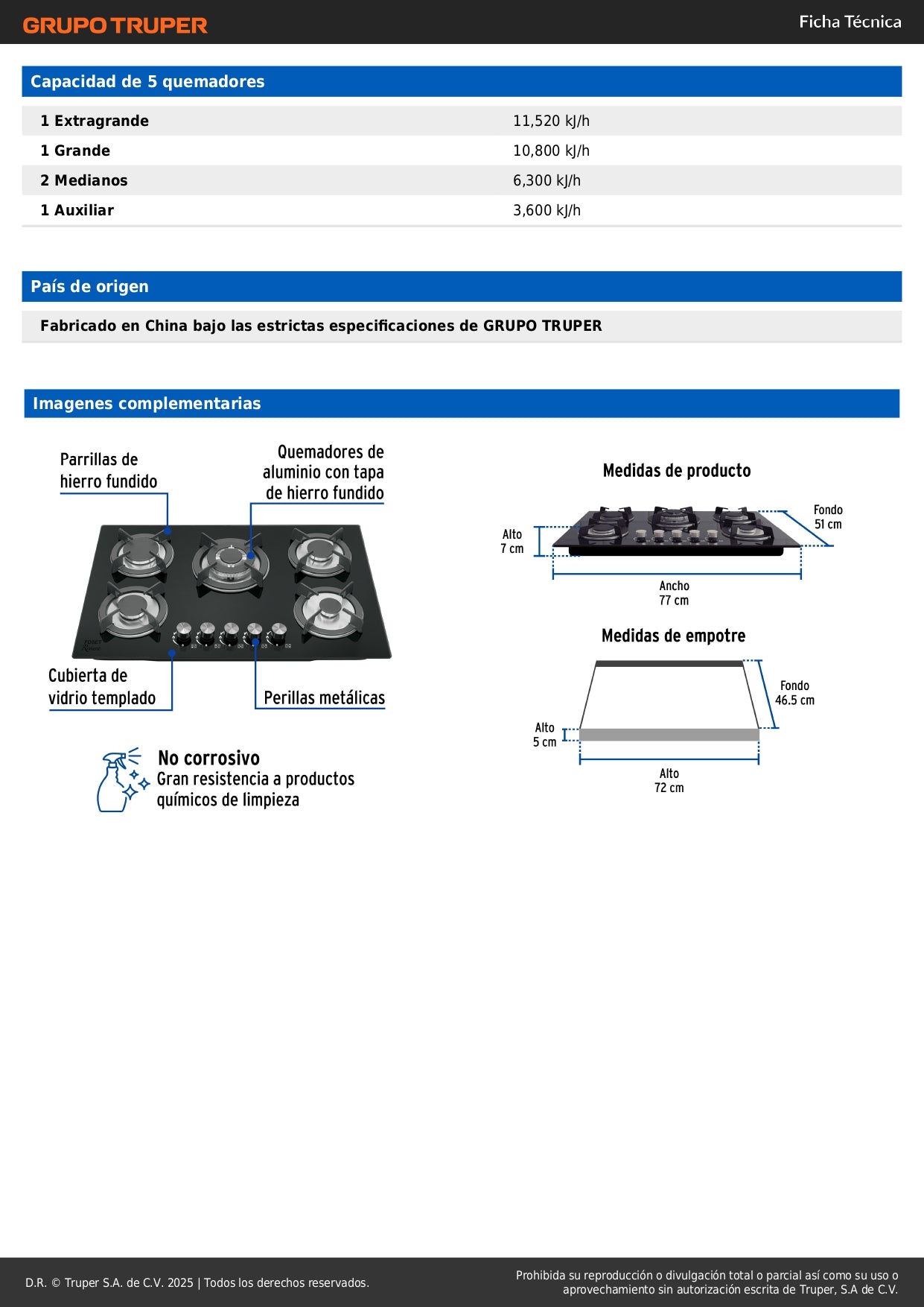 Parrilla Gas Empotrable 75cm RIVIERA - 5 Quemadores Vidrio Negro con Encendido Electrónico y Doble Flama Premium