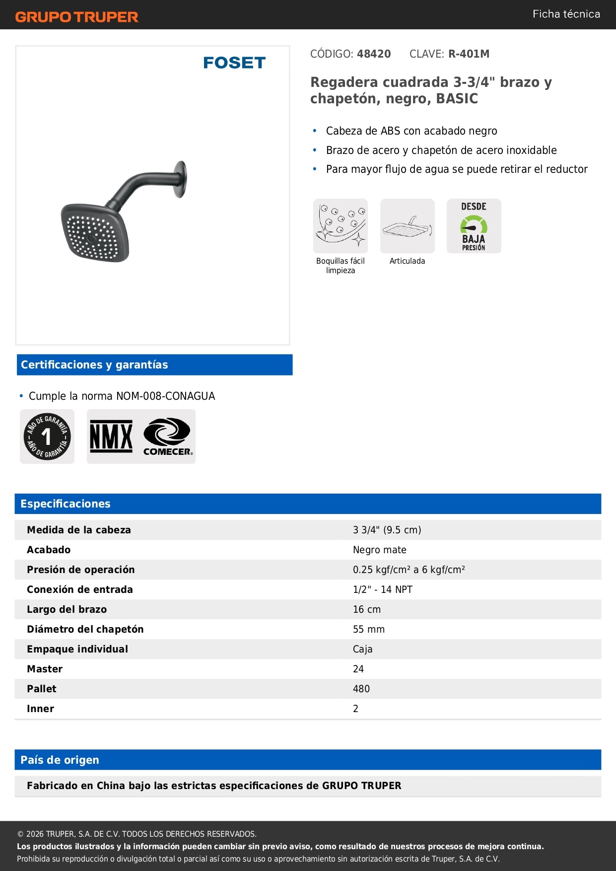 Regadera Cuadrada 3-3/4" Negra FOSET BASIC - Brazo y Chapetón para Baño