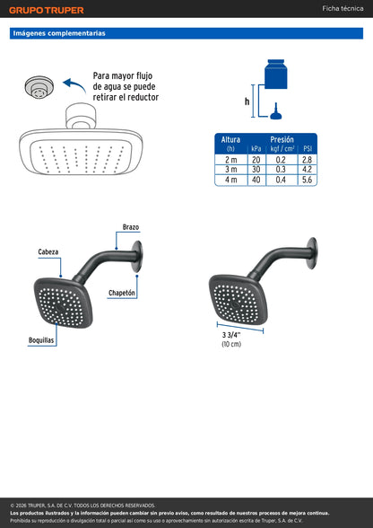 Regadera Cuadrada 3-3/4" Negra FOSET BASIC - Brazo y Chapetón para Baño