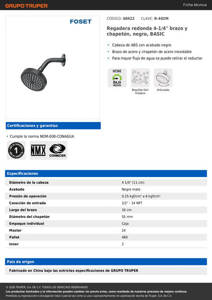 Regadera de ducha redonda 4-1/4" FOSET BASIC con brazo y chapetón en acabado negro. Ideal para baño moderno. Calidad y diseño