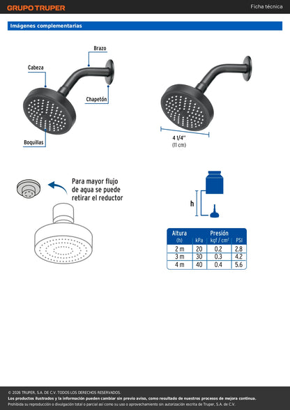 Regadera de ducha redonda 4-1/4" FOSET BASIC con brazo y chapetón en acabado negro. Ideal para baño moderno. Calidad y diseño