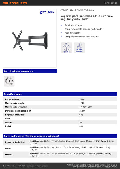 Soporte de Pared para TV 14-40 Pulgadas Triple Articulado Angular - Compatible VESA 100/130/200 - Acero Reforzado