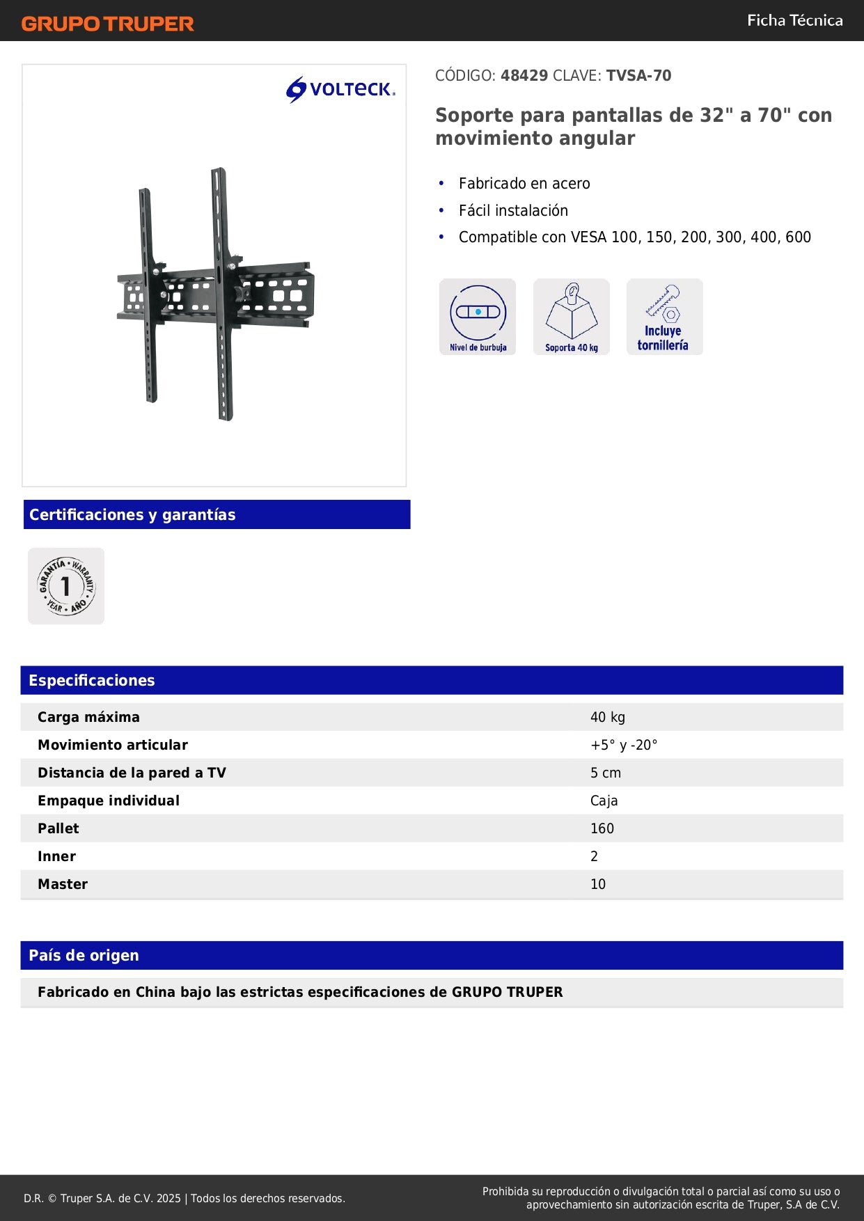 Soporte de Pared para TV 32-70 Pulgadas Movimiento Angular - Compatible VESA 100/150/200/300/400/600 - Acero Industrial