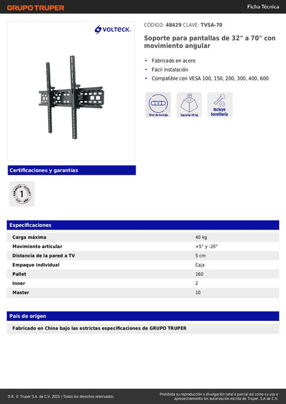Soporte de Pared para TV 32-70 Pulgadas Movimiento Angular - Compatible VESA 100/150/200/300/400/600 - Acero Industrial