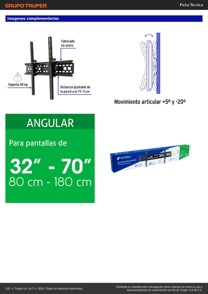 Soporte de Pared para TV 32-70 Pulgadas Movimiento Angular - Compatible VESA 100/150/200/300/400/600 - Acero Industrial