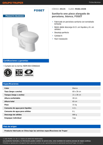 Sanitario One Piece Alargado Blanco FOSET 49135 - Porcelana Premium