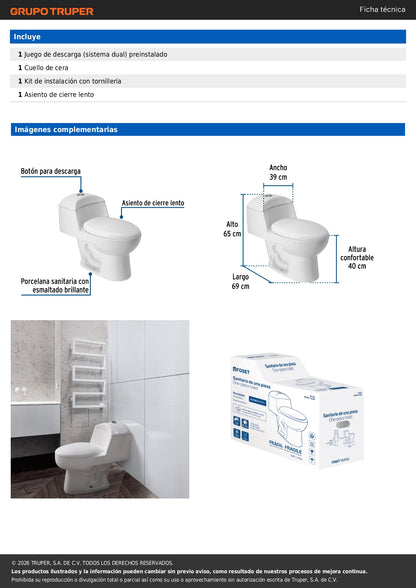 Sanitario One Piece Alargado Blanco FOSET 49135 - Porcelana Premium