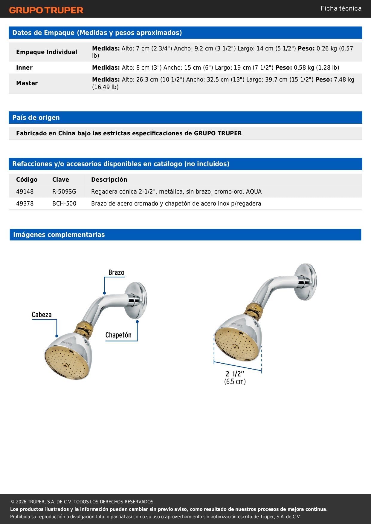 Regadera cónica 2-1/2",metálica, brazo y chapetón, cromo-oro