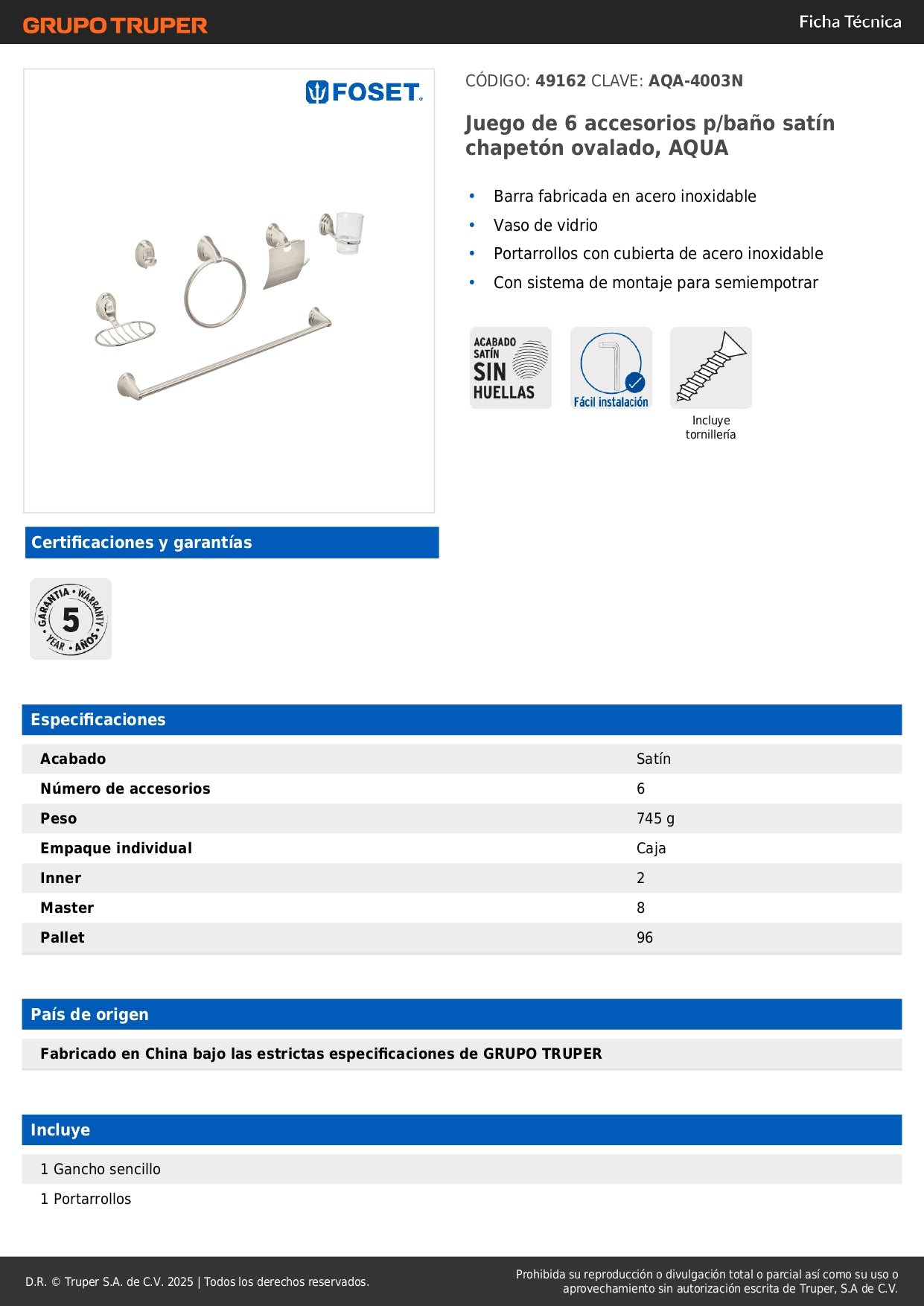 Juego Completo 6 Accesorios Baño Acero Inoxidable Satín AQUA AQA-4003N - Organización Total Baño Moderno