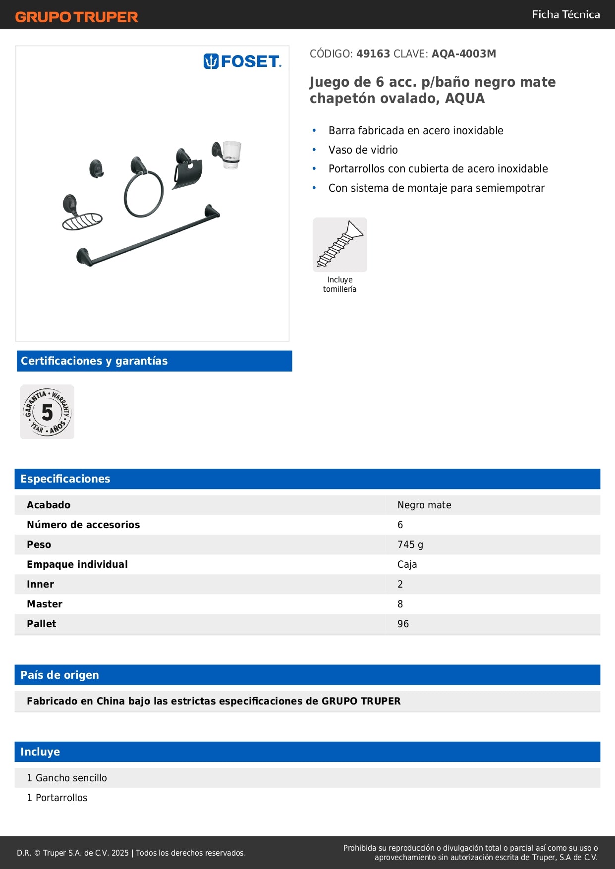Juego Completo 6 Accesorios Baño Negro Mate AQUA AQA-4003M - Set Profesional Acero Inoxidable con Vaso Vidrio y Portarrollos - Solución Integral Organización Baño Moderno