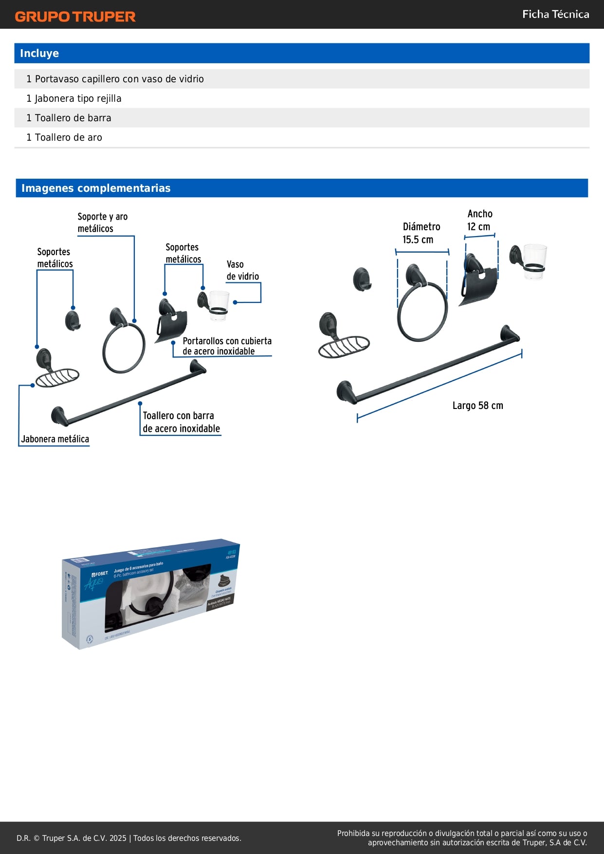 Juego Completo 6 Accesorios Baño Negro Mate AQUA AQA-4003M - Set Profesional Acero Inoxidable con Vaso Vidrio y Portarrollos - Solución Integral Organización Baño Moderno