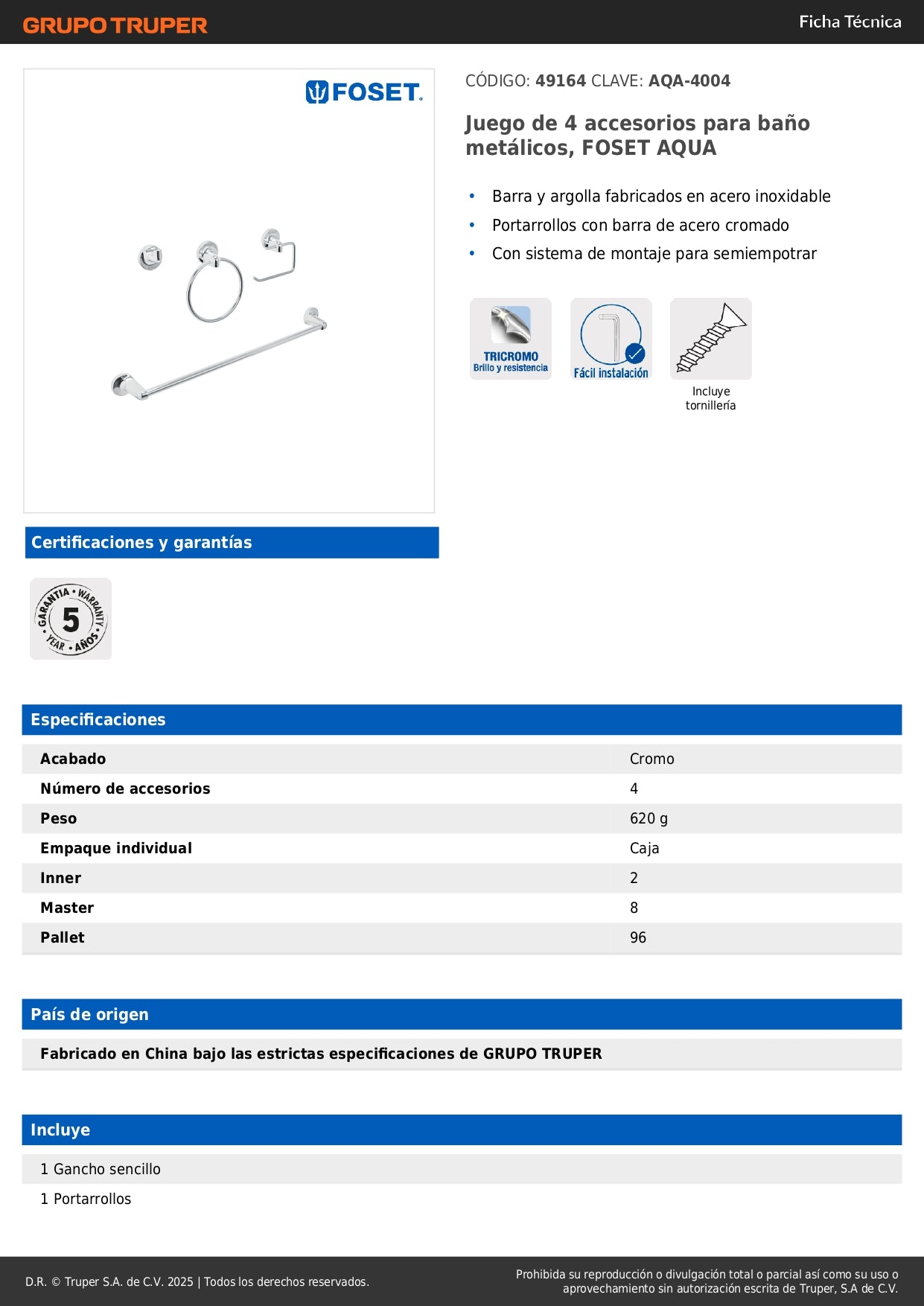 Juego 4 Accesorios Baño Acero Inoxidable FOSET AQUA AQA-4004 - Solución Completa Organización Baño