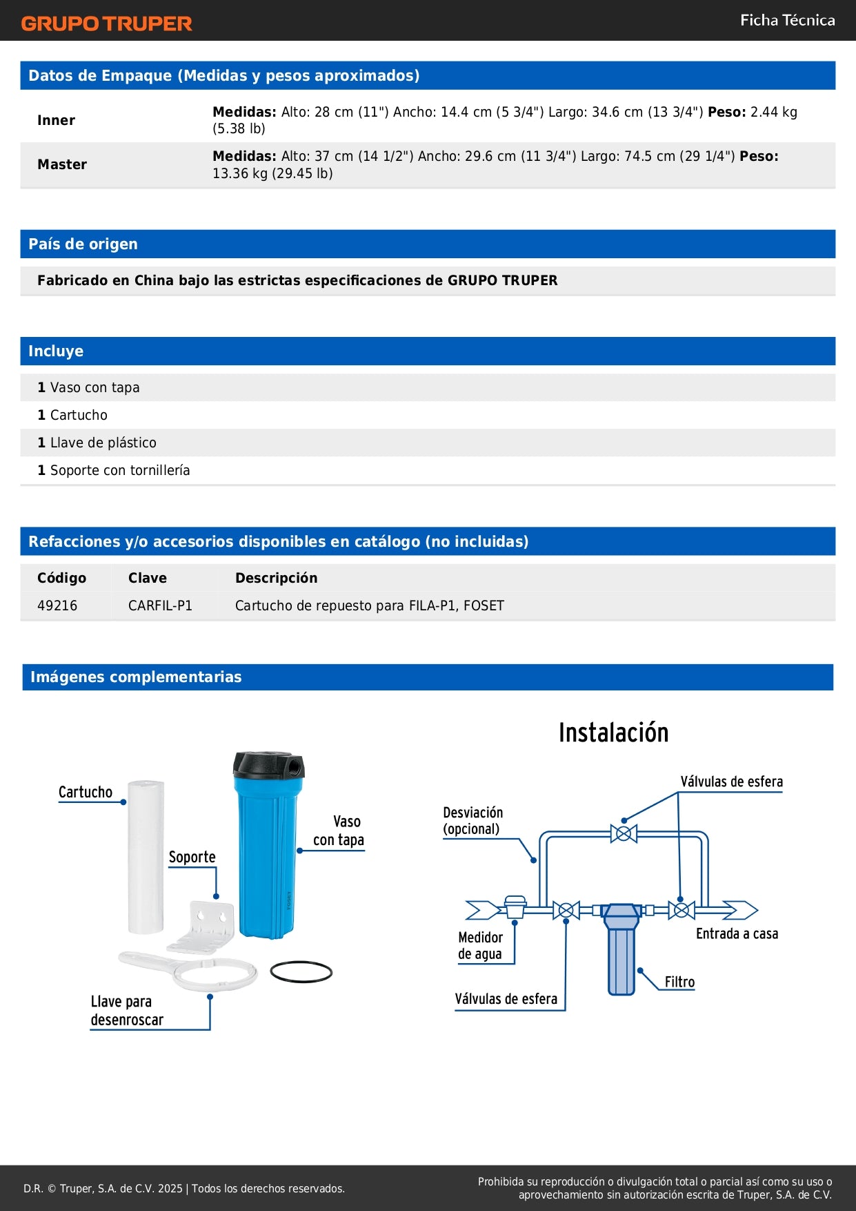 Filtro de Sedimentos FOSET FILA-P1 - Elimina Tierra y Arena del Agua - Protege Tuberías y Llaves - Polipropileno para Casa, Tinaco y Cisterna