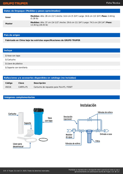 Filtro de Sedimentos FOSET FILA-P1 - Elimina Tierra y Arena del Agua - Protege Tuberías y Llaves - Polipropileno para Casa, Tinaco y Cisterna