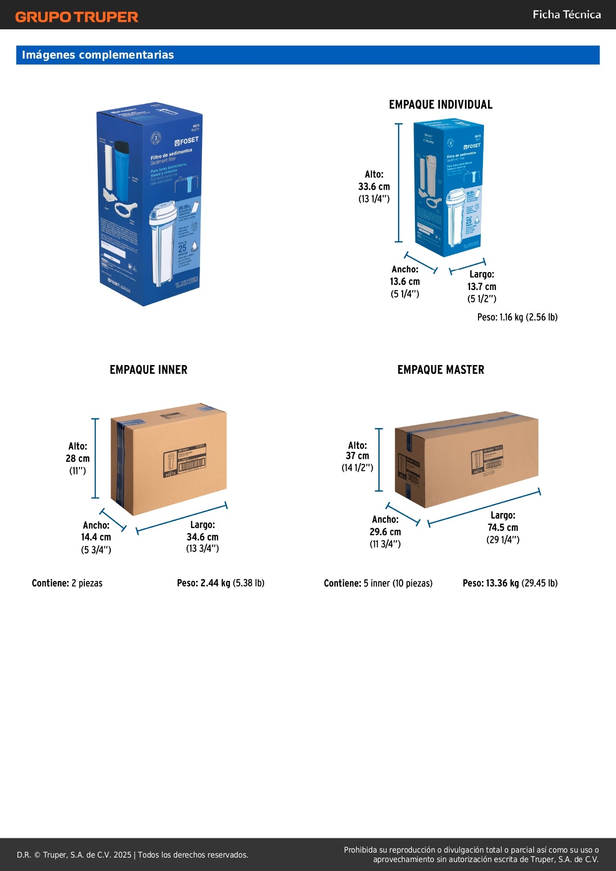 Filtro de Sedimentos FOSET FILA-P1 - Elimina Tierra y Arena del Agua - Protege Tuberías y Llaves - Polipropileno para Casa, Tinaco y Cisterna