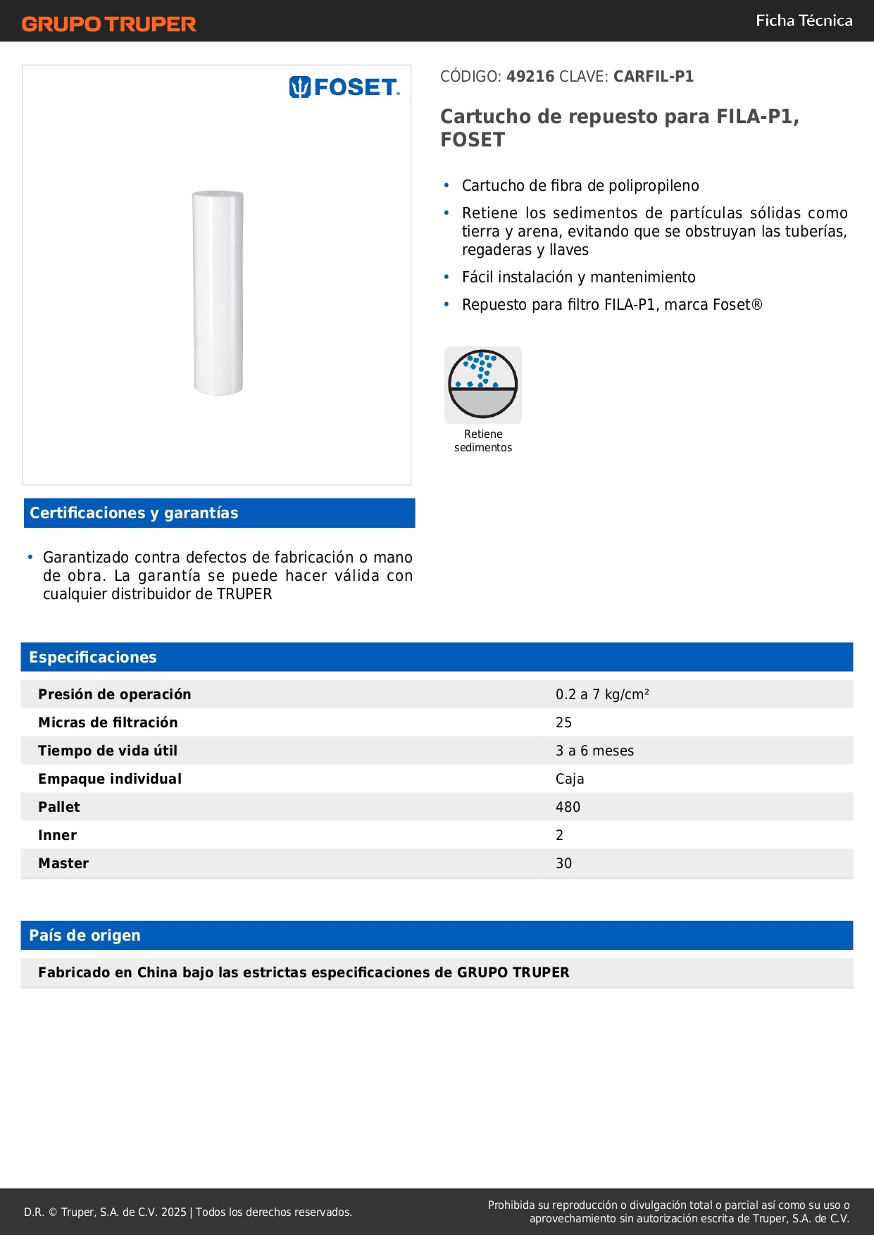 Cartucho de Repuesto CARFIL-P1 Foset - Filtro de Polipropileno para Agua - Elimina Sedimentos, Tierra y Arena - Protege Tuberías, Regaderas y Llaves - Compatible con FILA-P1