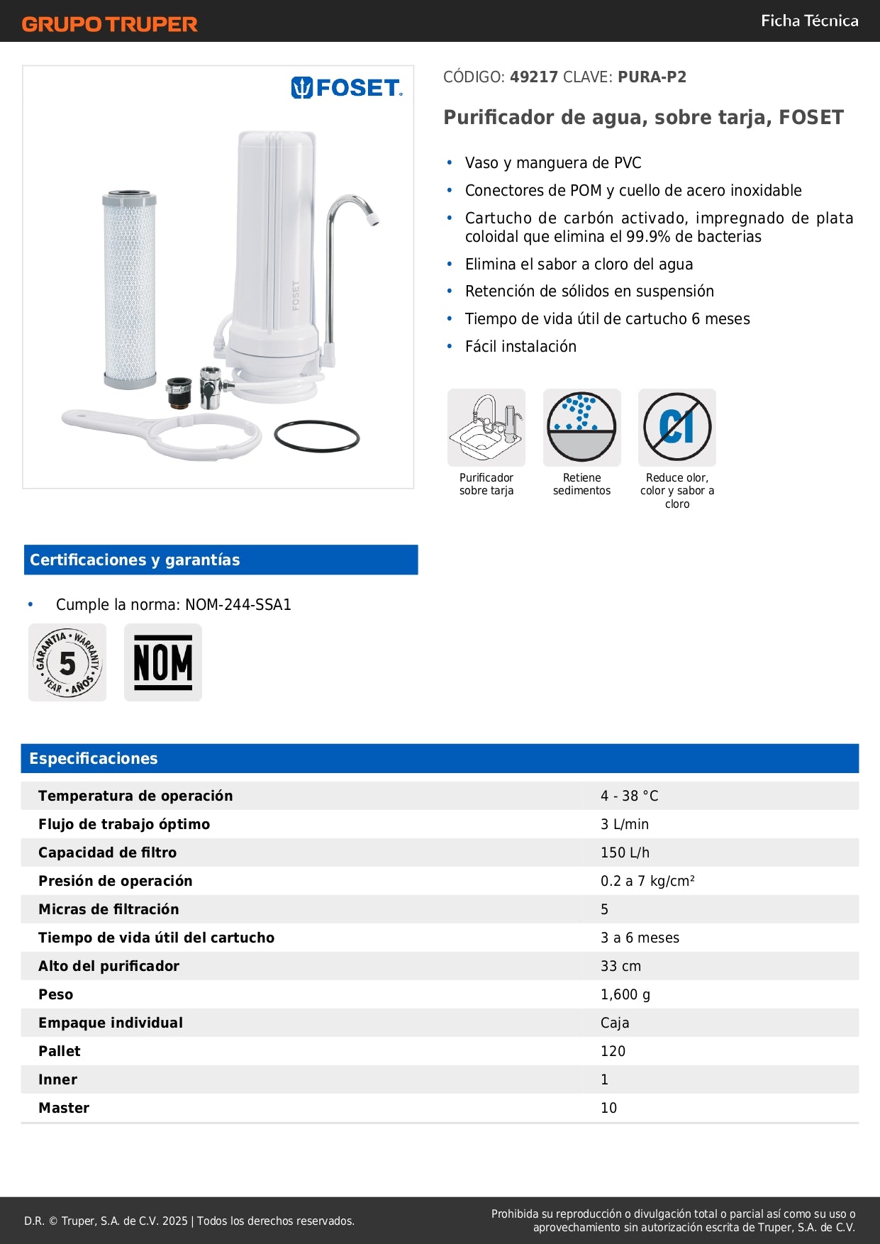 Purificador de Agua Sobre Tarja FOSET PURA-P2 - Elimina 99.9% Bacterias y Cloro - Carbón Activado con Plata Coloidal - Fácil Instalación
