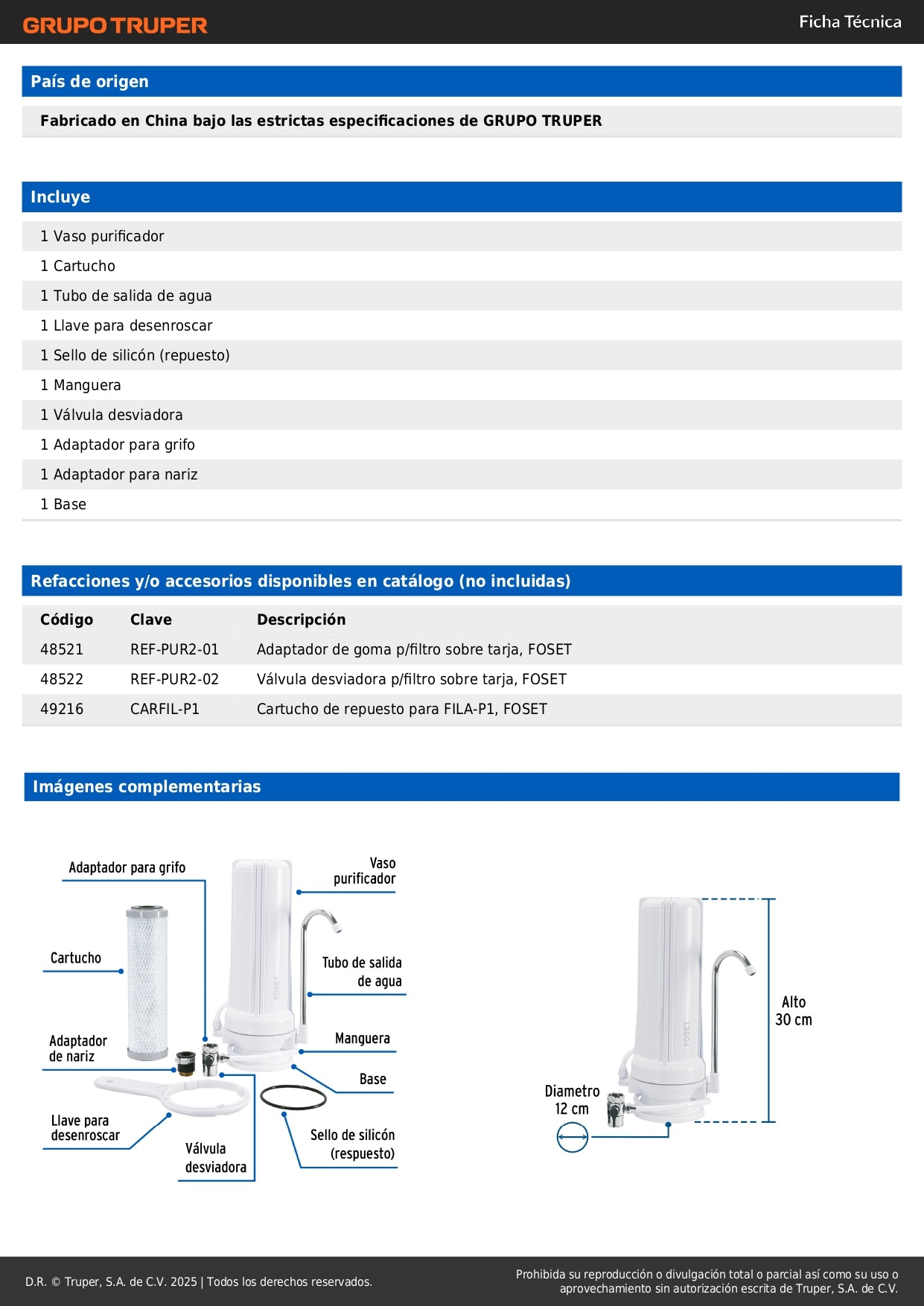 Purificador de Agua Sobre Tarja FOSET PURA-P2 - Elimina 99.9% Bacterias y Cloro - Carbón Activado con Plata Coloidal - Fácil Instalación