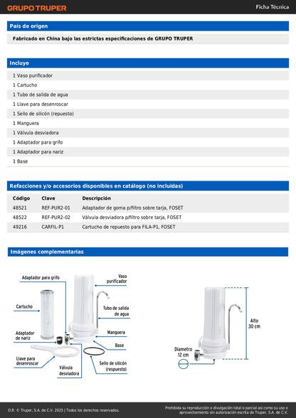 Purificador de Agua Sobre Tarja FOSET PURA-P2 - Elimina 99.9% Bacterias y Cloro - Carbón Activado con Plata Coloidal - Fácil Instalación