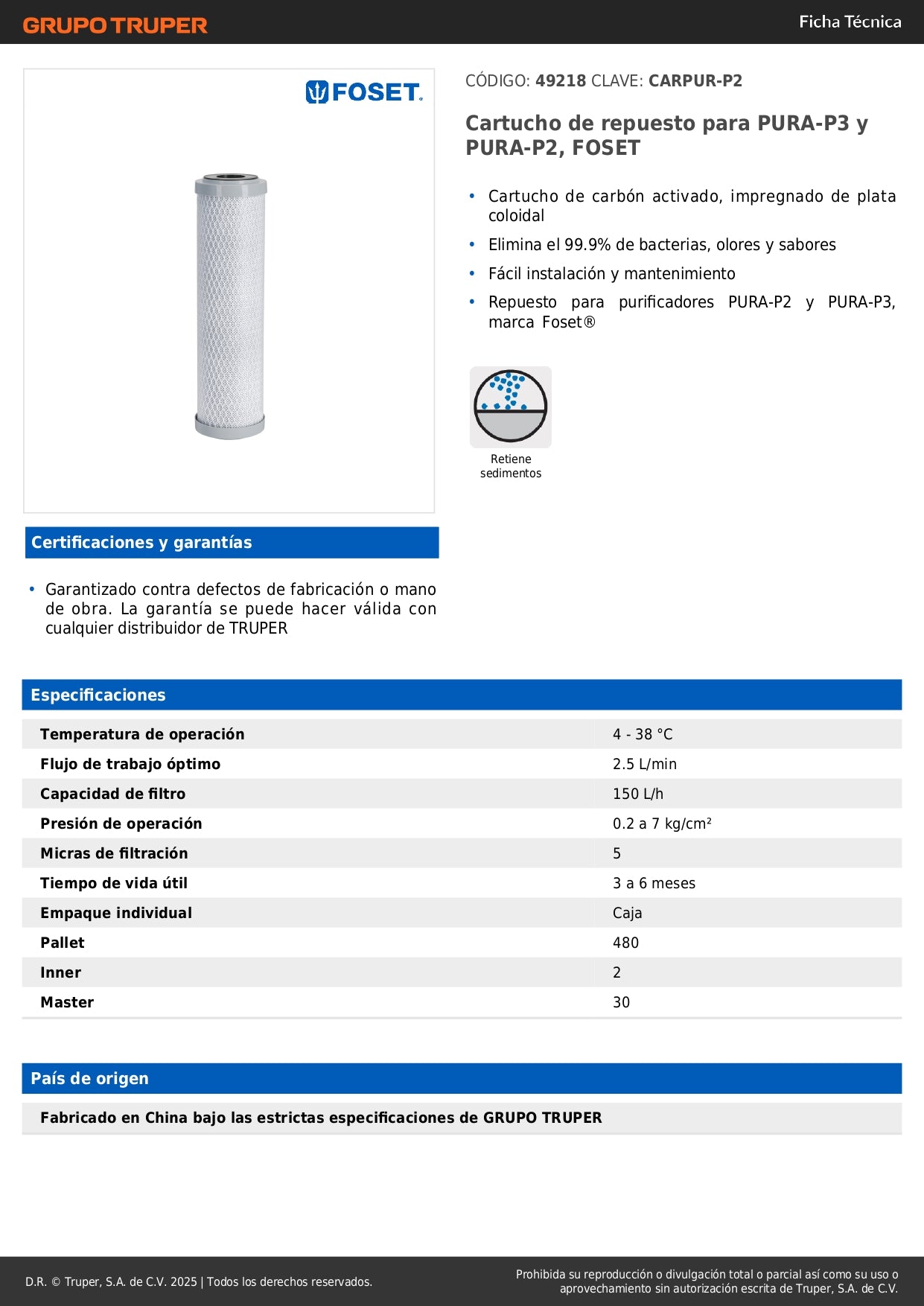 Cartucho de Repuesto CARPUR-P2 Carbón Activado con Plata Coloidal - Elimina 99.9% Bacterias, Olores y Sabores - Compatible PURA-P2 y PURA-P3 FOSET
